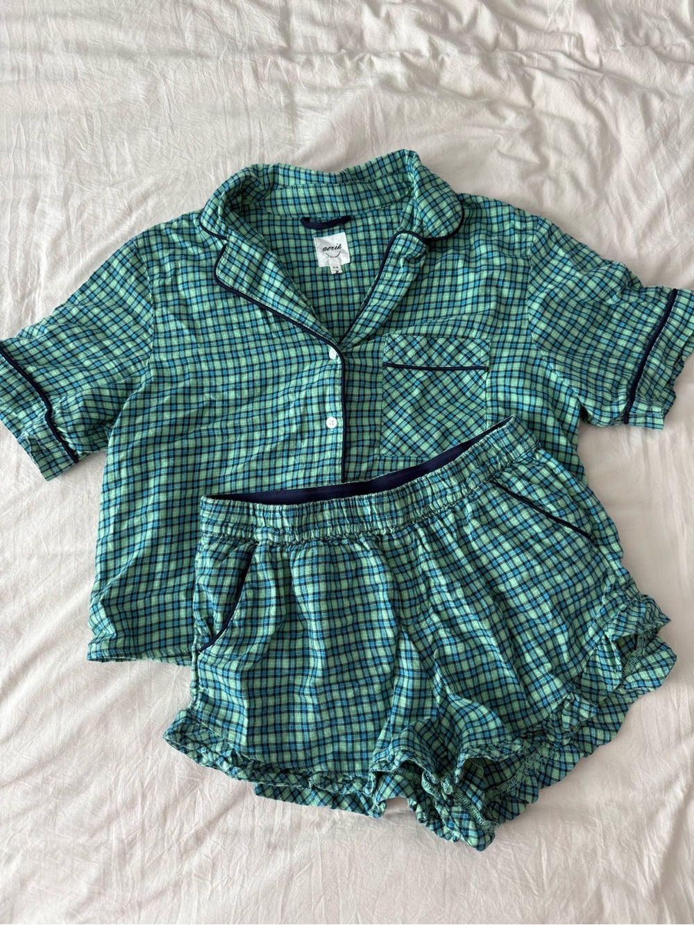 aerie Green Plaid Short Pajama Set with Navy Trim